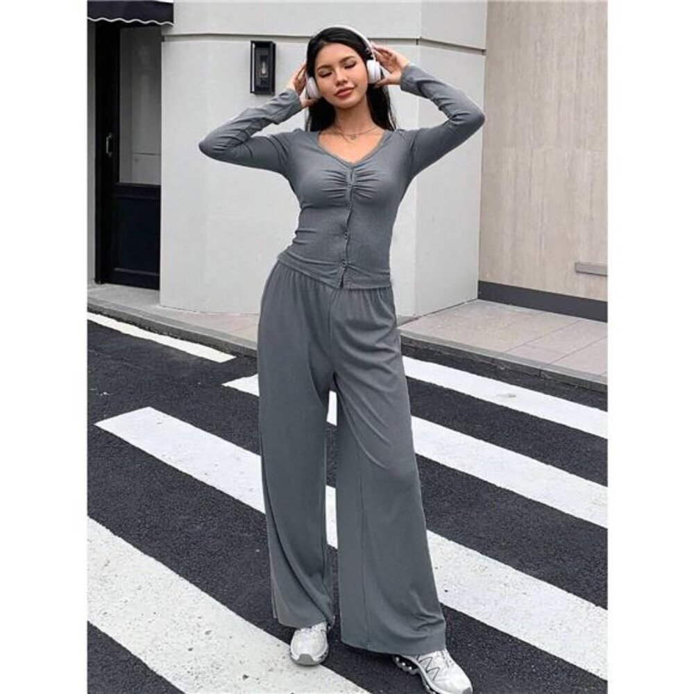 Button-Down Top & Wide Leg Pants Set - Picture 2 of 6